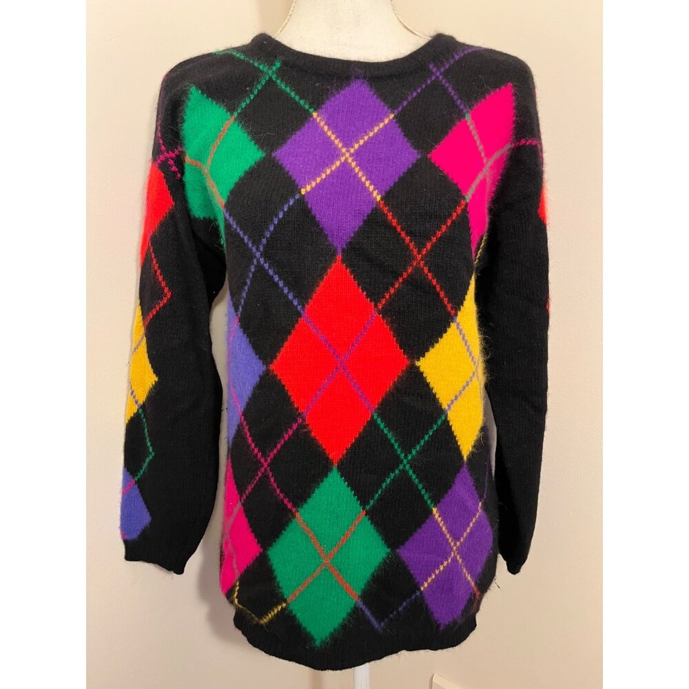 Vtg Rafaella Colorful Argyle Sweater S Diamond Angora Lambs Wool Neon Hong Kong